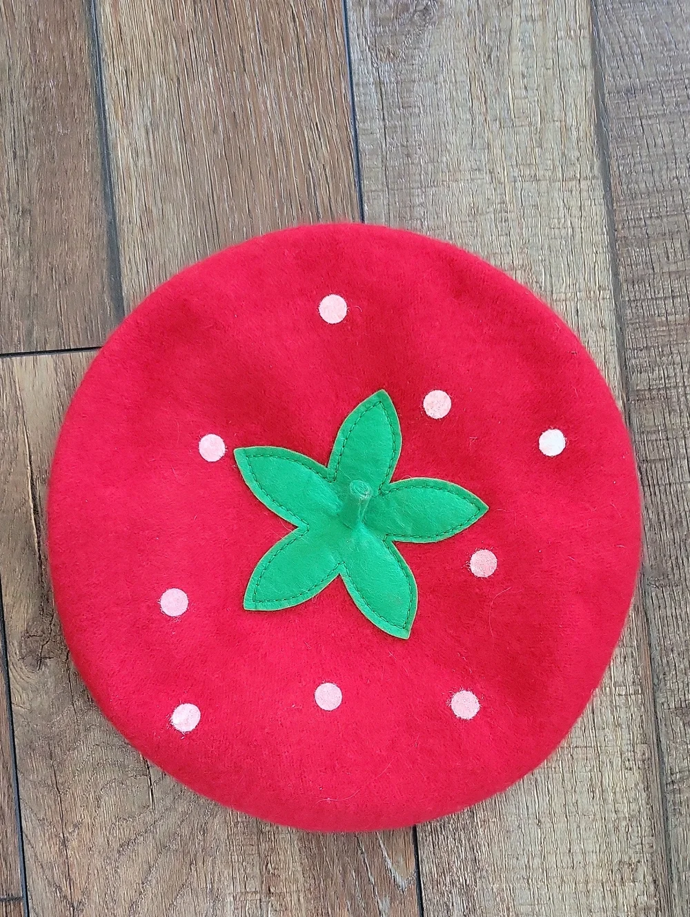 Strawberry Red Felt Beret with Green Leaf Accent